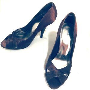 7 ❀ Stiletto Heels Pumps Womens Brown Satin Peep-Toe Shoes 3" Sexy y2k Prom